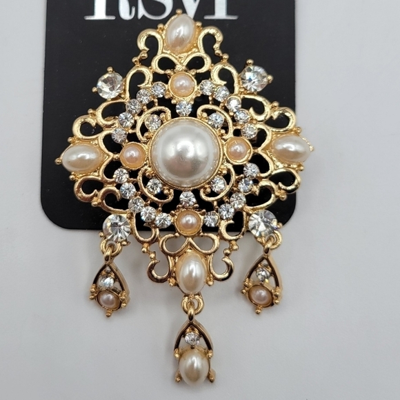Charming Charlies RSVP Gold Ivory Pearl Brooch - Picture 3 of 5